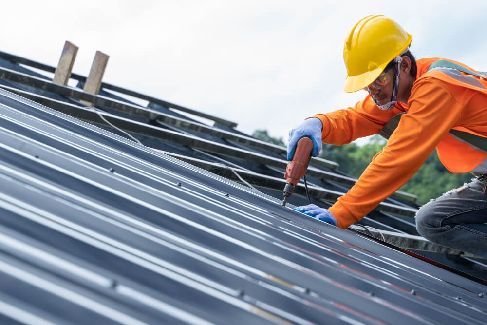 Construction Roofer Wear Safety Uniform Inspection And Install Metal Roofing Work